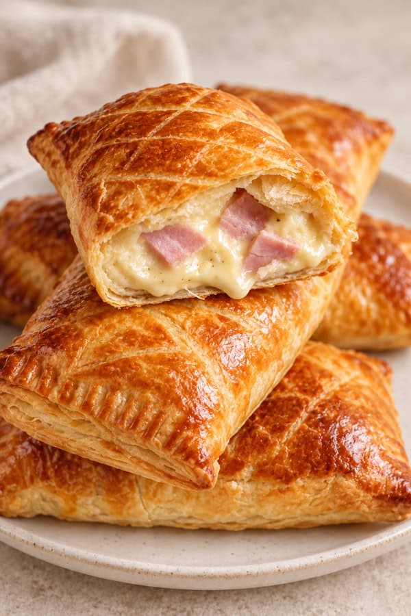 Friands jambon fromage et béchamel, sur une assiette blanche.